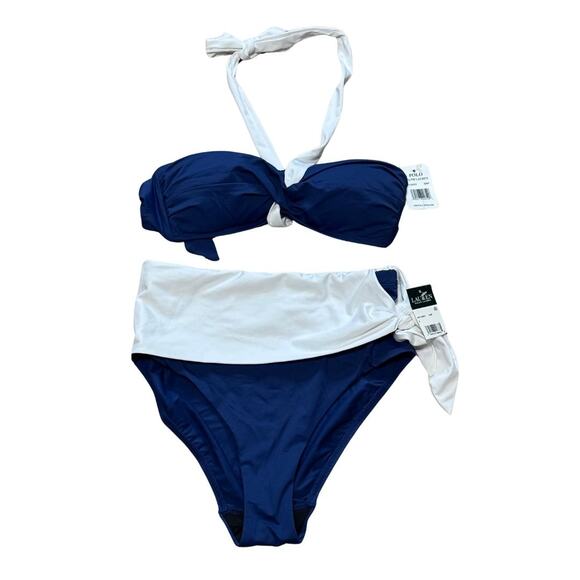 LAUREN RALPH LAUREN Bel Aire Bandeau Halter Bikini Top High-Waist Bottom Navy XS - Picture 3 of 9